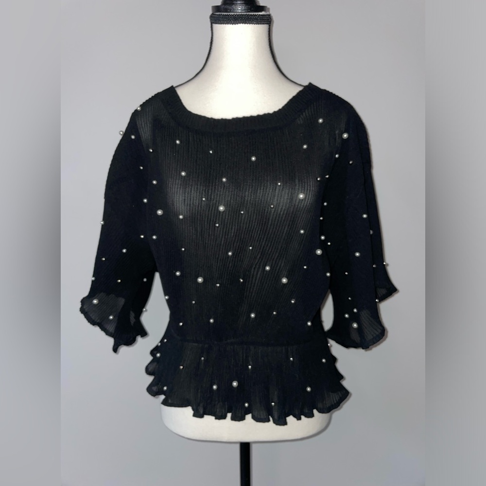 New York & Co. Black Ruffled Sheer Peplum Blouse